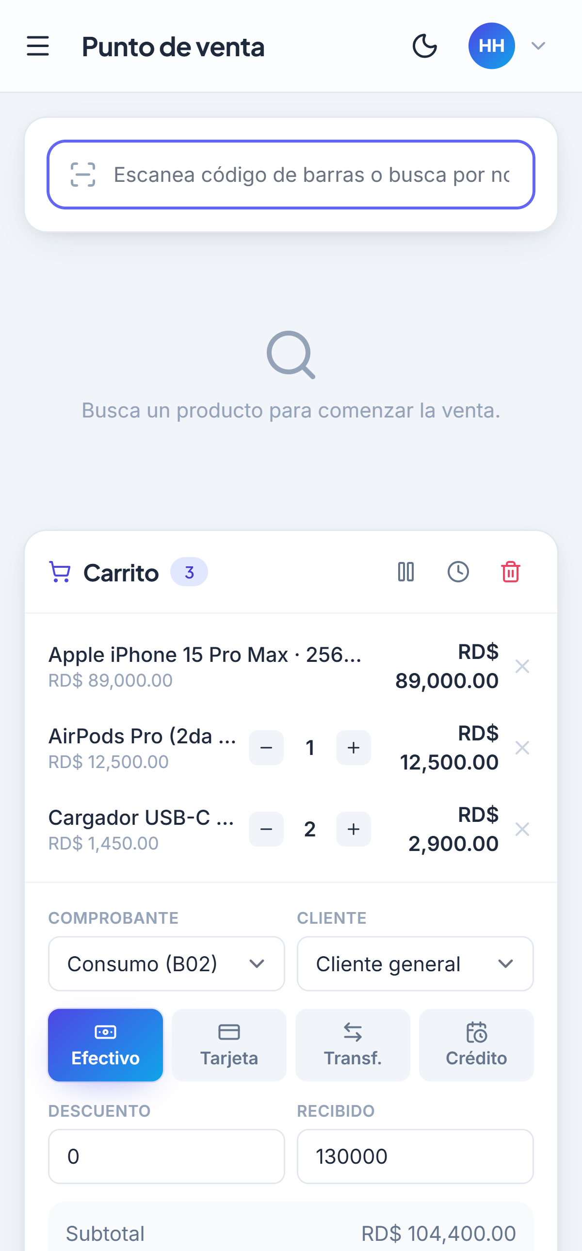 Punto de venta de Kyros en el teléfono